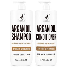 HerStyler front packaging of shampoo and conditioner showing full-size bottles and benefits