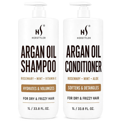 HerStyler front packaging of shampoo and conditioner showing full-size bottles and benefits