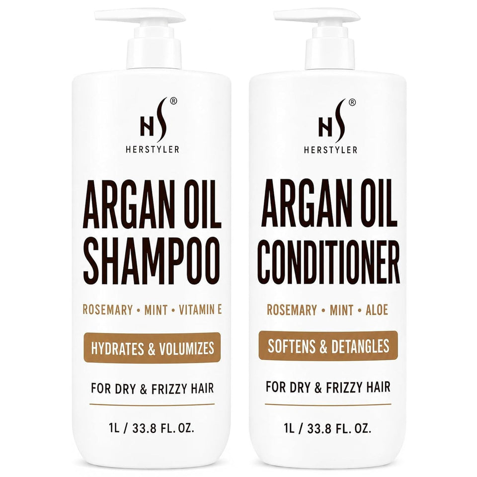 HerStyler front packaging of shampoo and conditioner showing full-size bottles and benefits