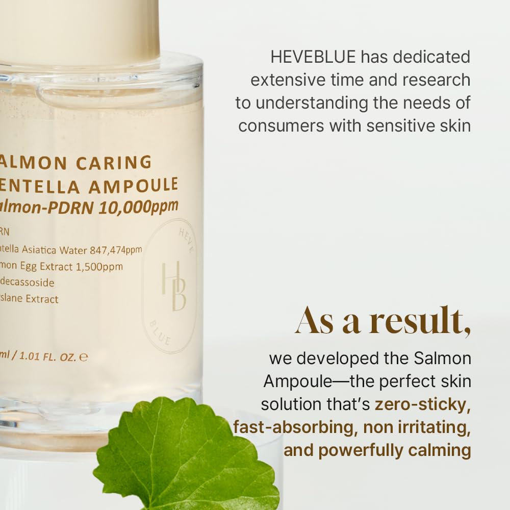 HEVEBLUE ampoule drop on back of hand demonstrating hydration and quick absorbency benefit