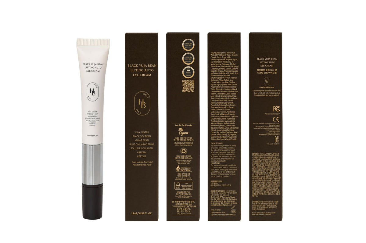 HEVEBLUE label with dermatology and vegan certification seals
