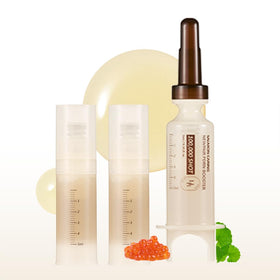 HEVEBLUE front packaging showing the salmon PDRN booster set and benefits