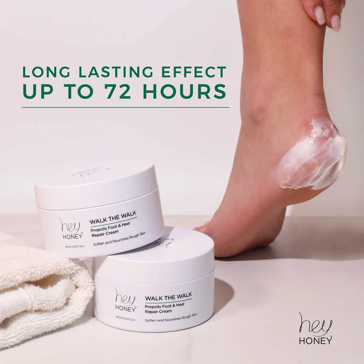 Hey Honey cream being applied to heel demonstrating fast absorption