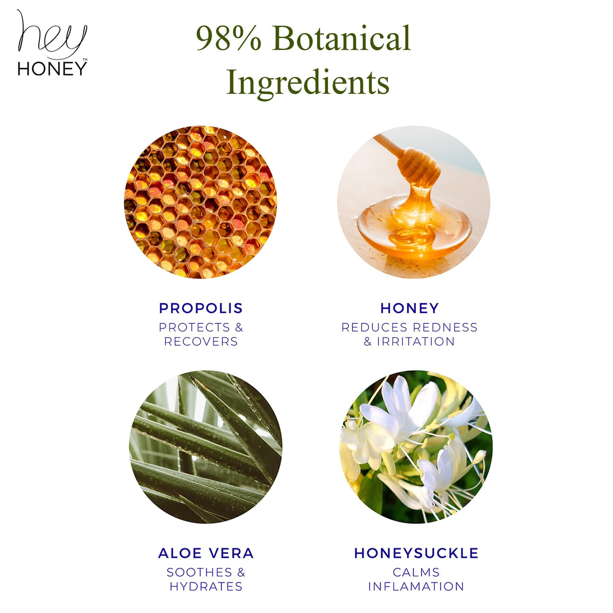 Hey Honey jar beside aloe leaf illustrating botanical hydration and calming effect