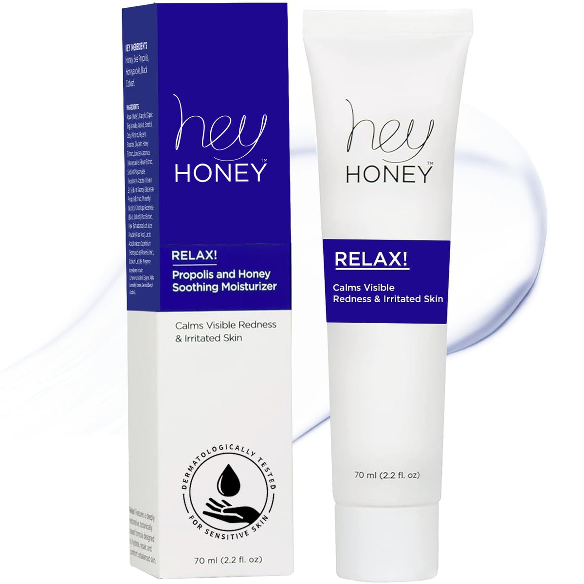 Hey Honey front jar view showing calming rosacea relief cream for sensitive skin