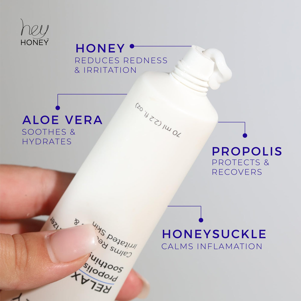 Hey Honey packaging label close-up highlighting fragrance-free and dermatologist-tested benefit