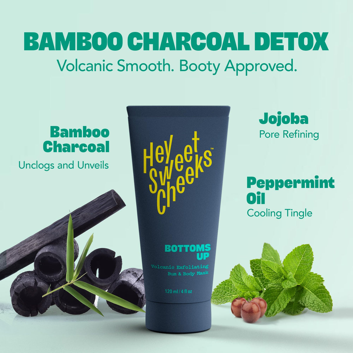 HEY SWEET CHEEKS bamboo charcoal powder detail highlighting deep detox benefit