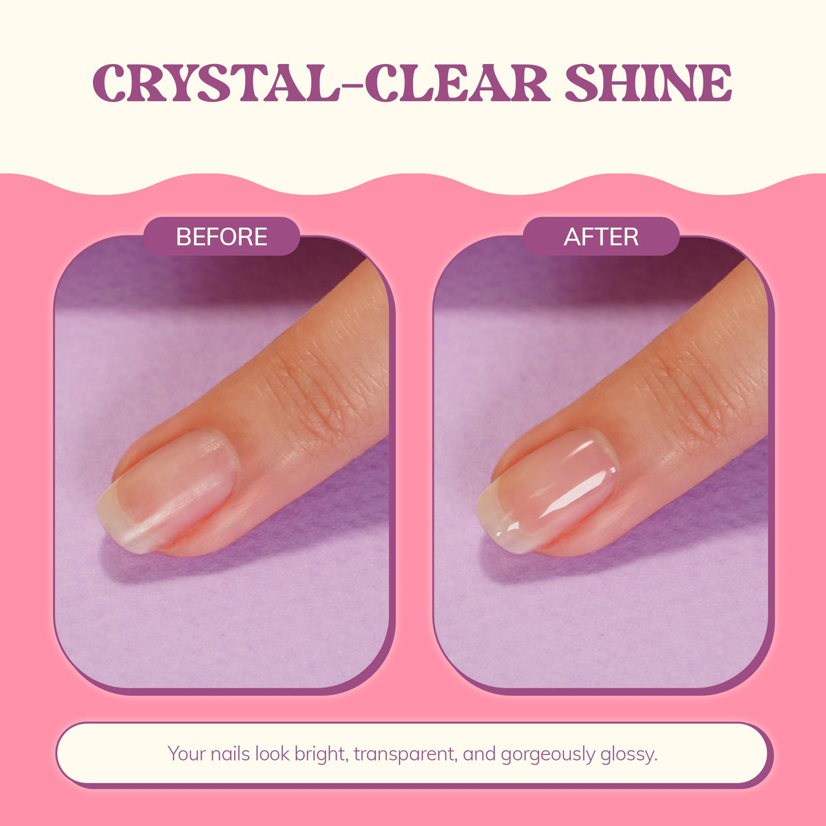 heyhae nail before and after showing strengthened, glossier nails