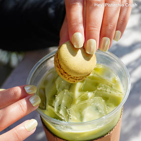 heyhae finished nails on model showing pistachio crush color and salon-quality shine