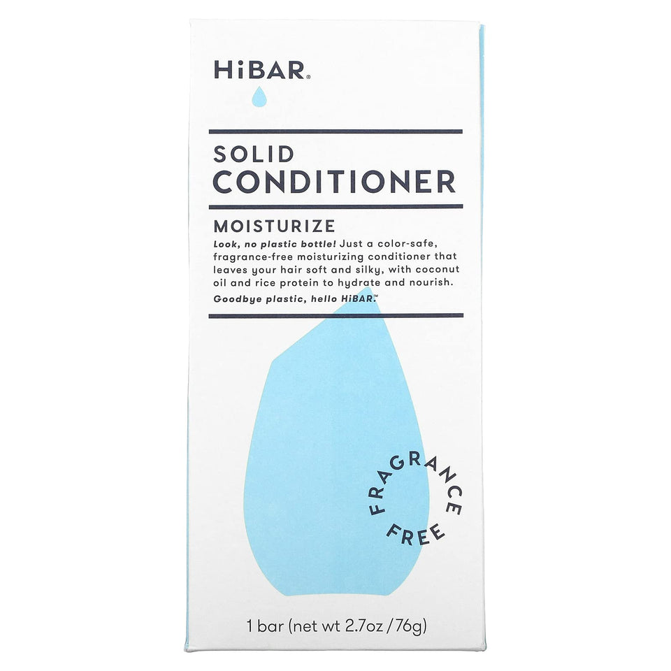 HIBAR conditioner bar front packaging showing compact plastic-free box and label benefit