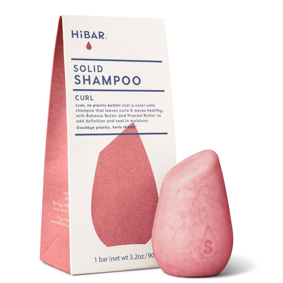 HIBAR curl shampoo bar front packaging showing eco-friendly benefits and compact design