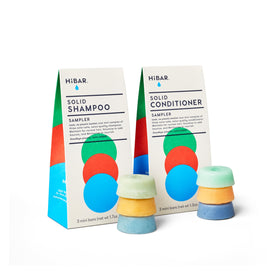 HiBAR front packaging of sampler set showcasing compact travel bars and eco benefits