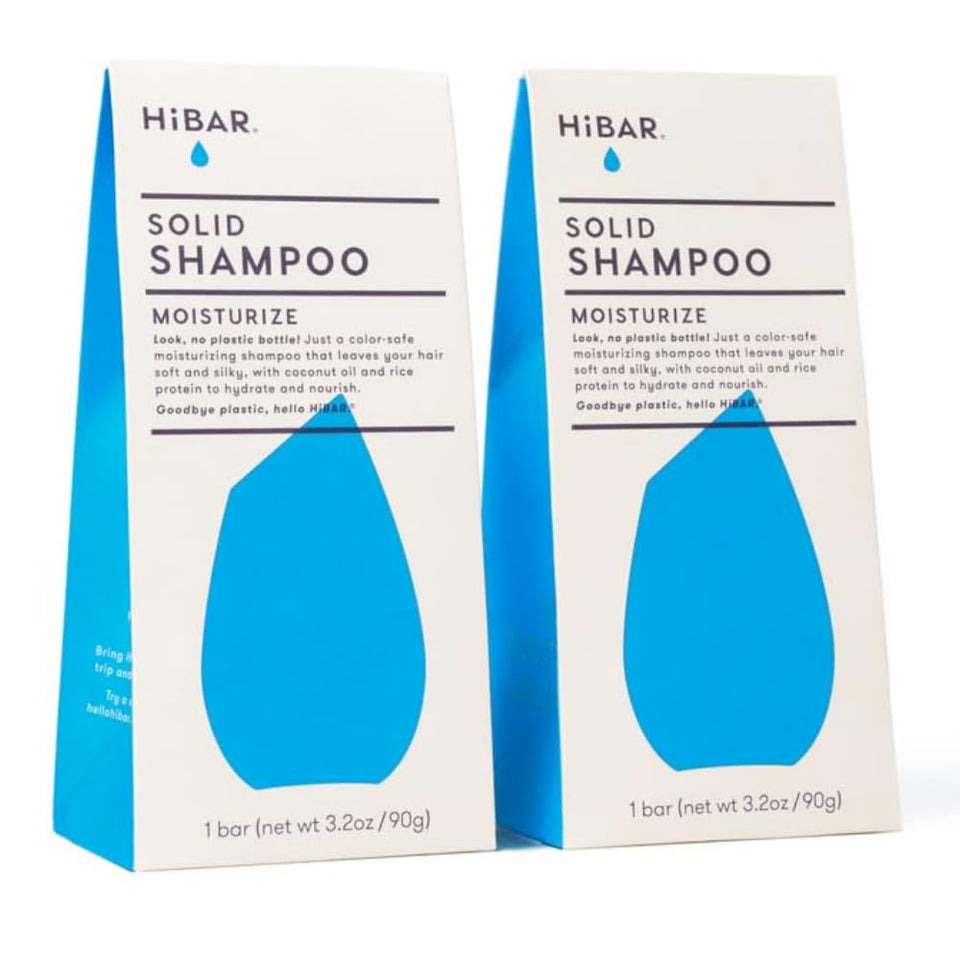 HIBAR front packaging showing two moisturizing shampoo bars and eco benefits