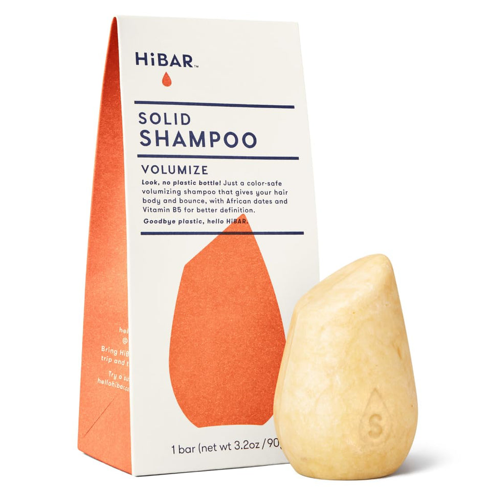 HIBAR front packaging showing solid volumize shampoo bar and benefits