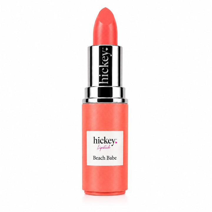 Hickey front view of Beach Babe Coral refill showing color and finish benefit