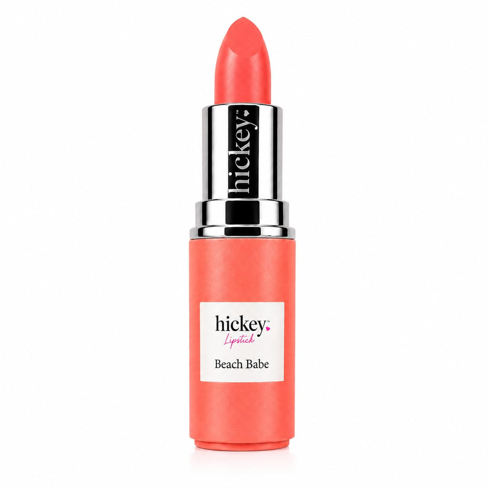 Hickey front view of Beach Babe Coral refill showing color and finish benefit