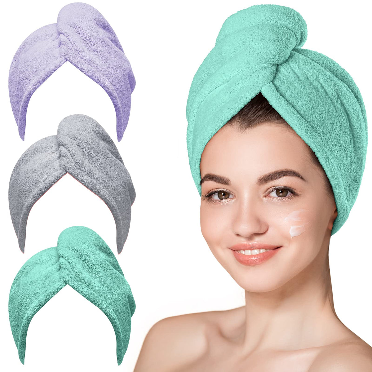 Hicober three-pack turbans front view showing colors and compact packaging benefit