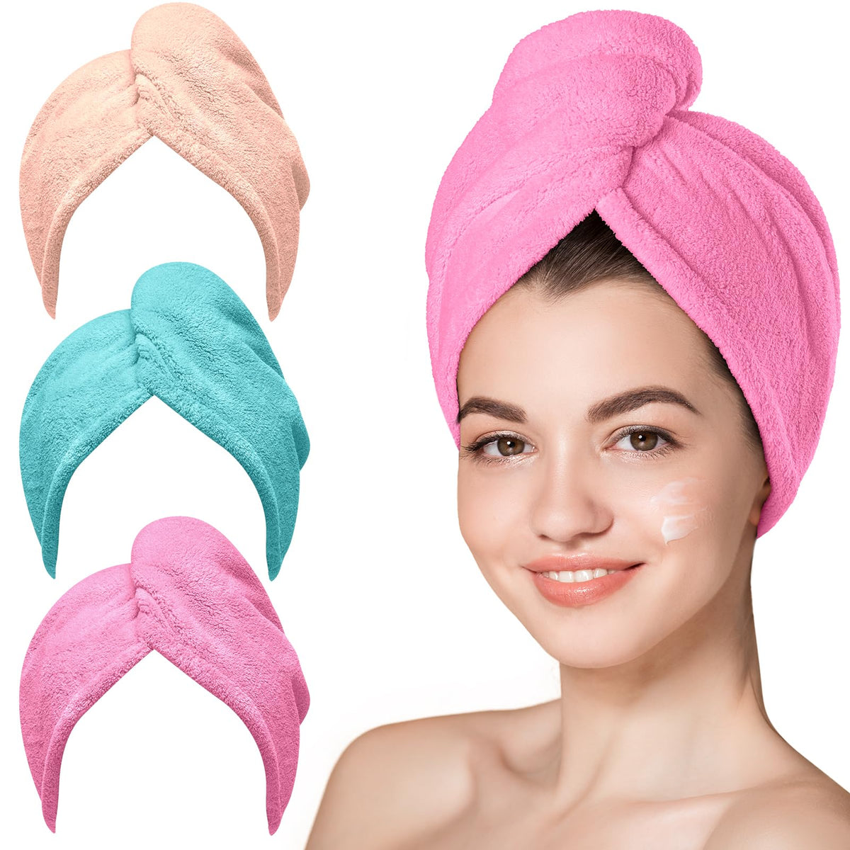 Hicober front view of three turbans showing color variety and quick-dry benefit