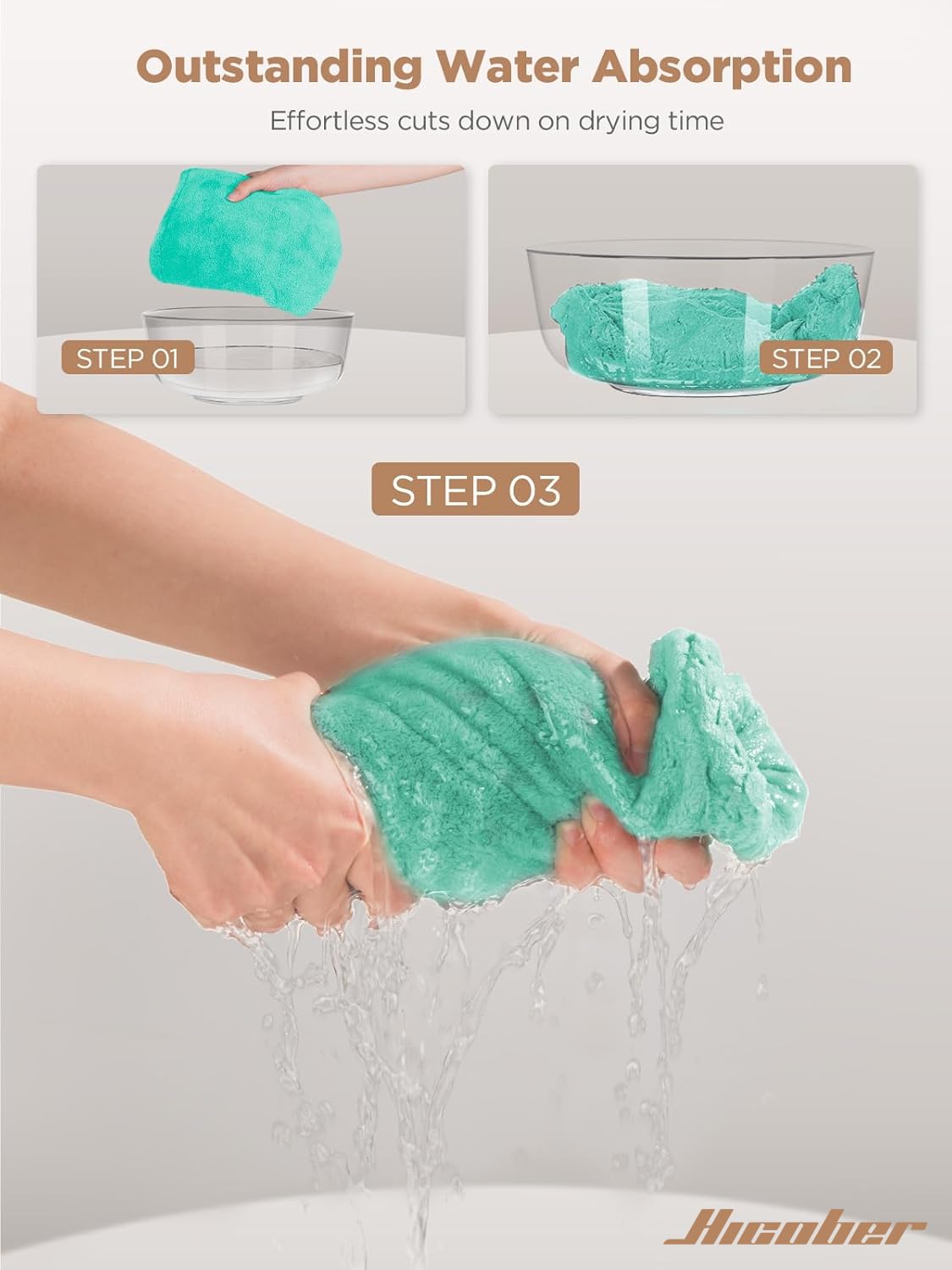 Hicober turban in bathroom being used after shower showing time-saving benefit