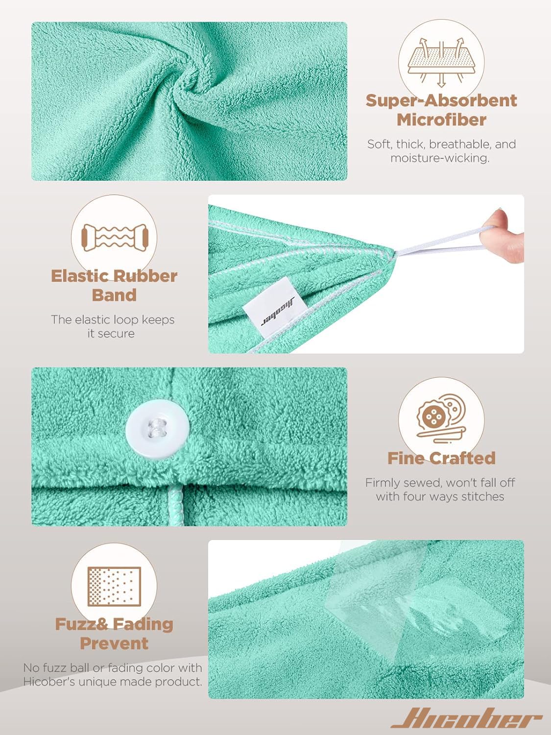 Hicober turban wrapped on head demonstrating secure fit and hands-free convenience