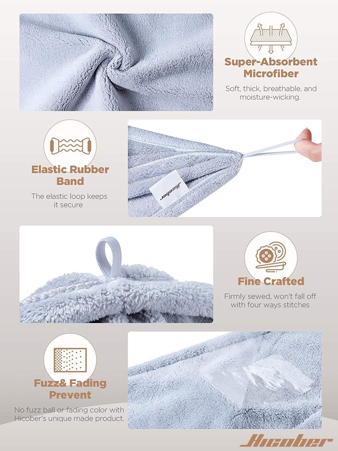 Hicober turban on model demonstrates hands-free drying and reduced frizz