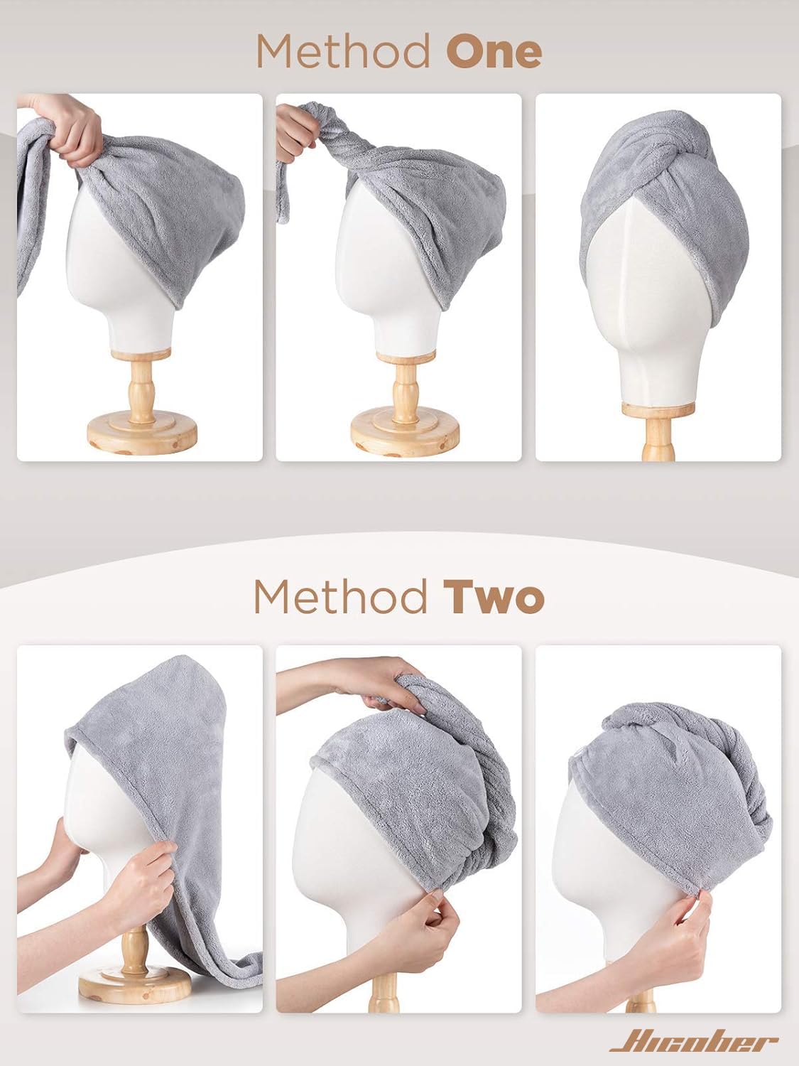 Hicober turban in use on wet hair showing comfortable stay-put styling benefit
