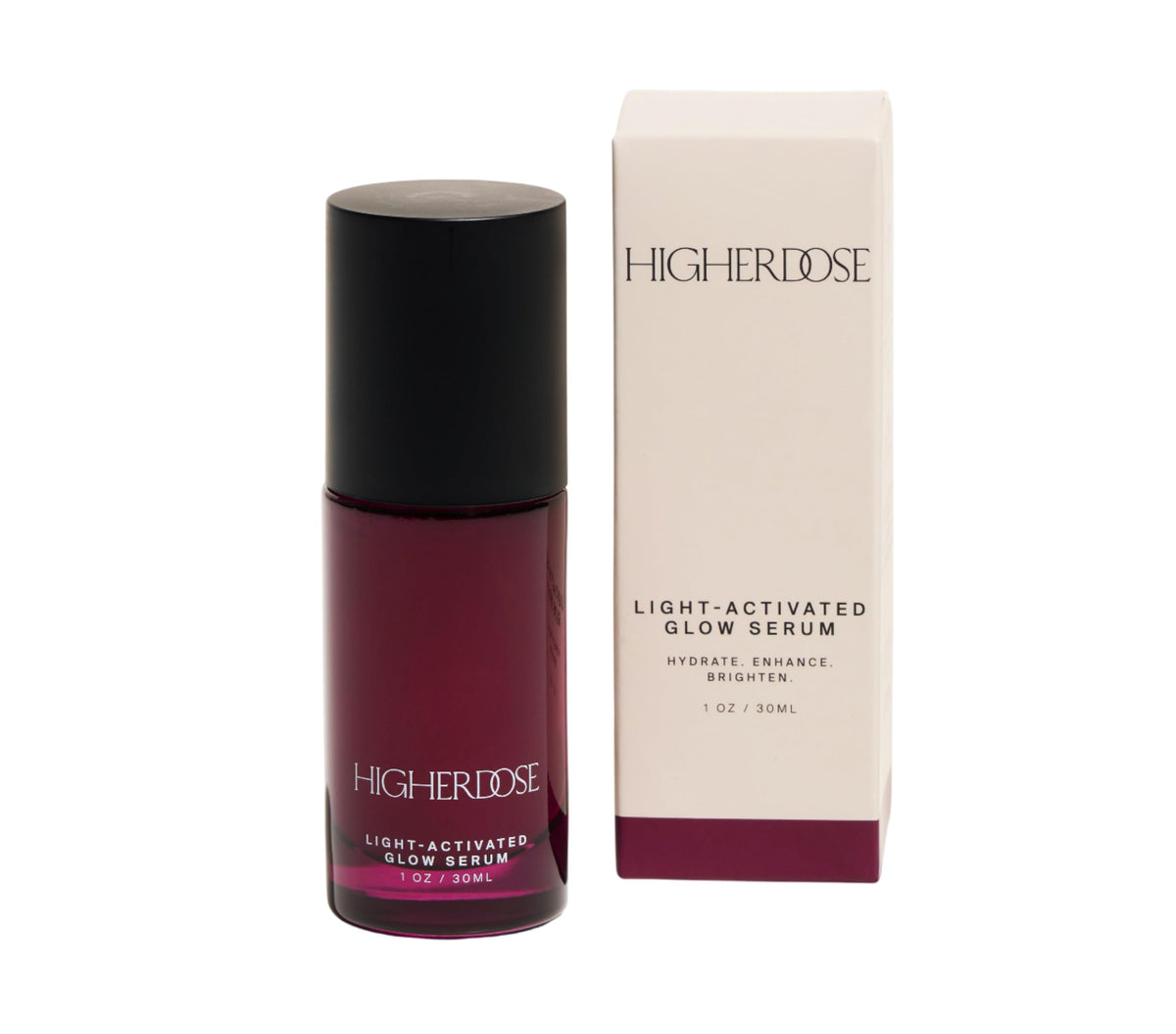 HigherDOSE front bottle shot showing sleek serum packaging and clinical design benefit: clear presentation