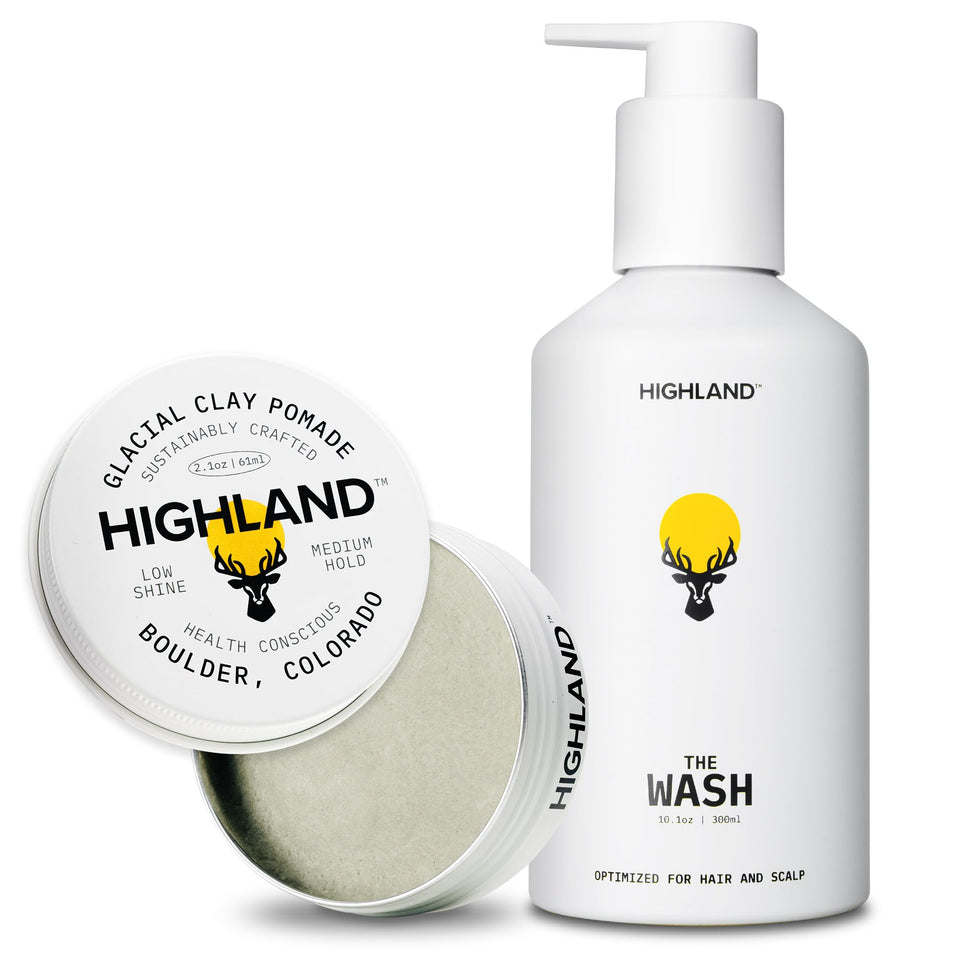 Highland Glacial Clay Pomade front packaging showing natural ingredients and matte hold