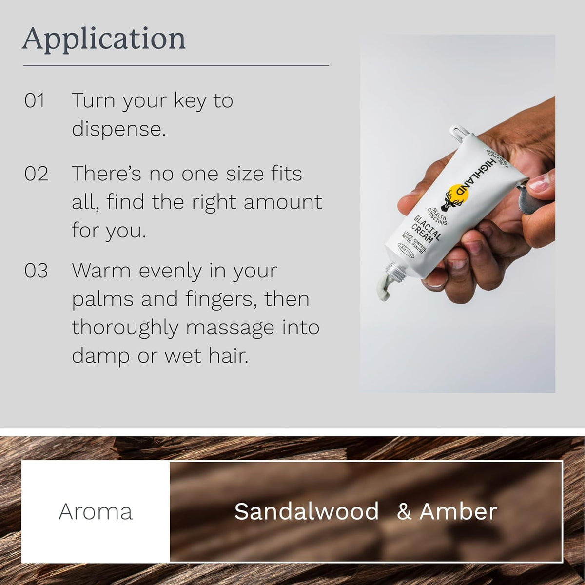Highland glacial cream application in hand for easy, flexible styling