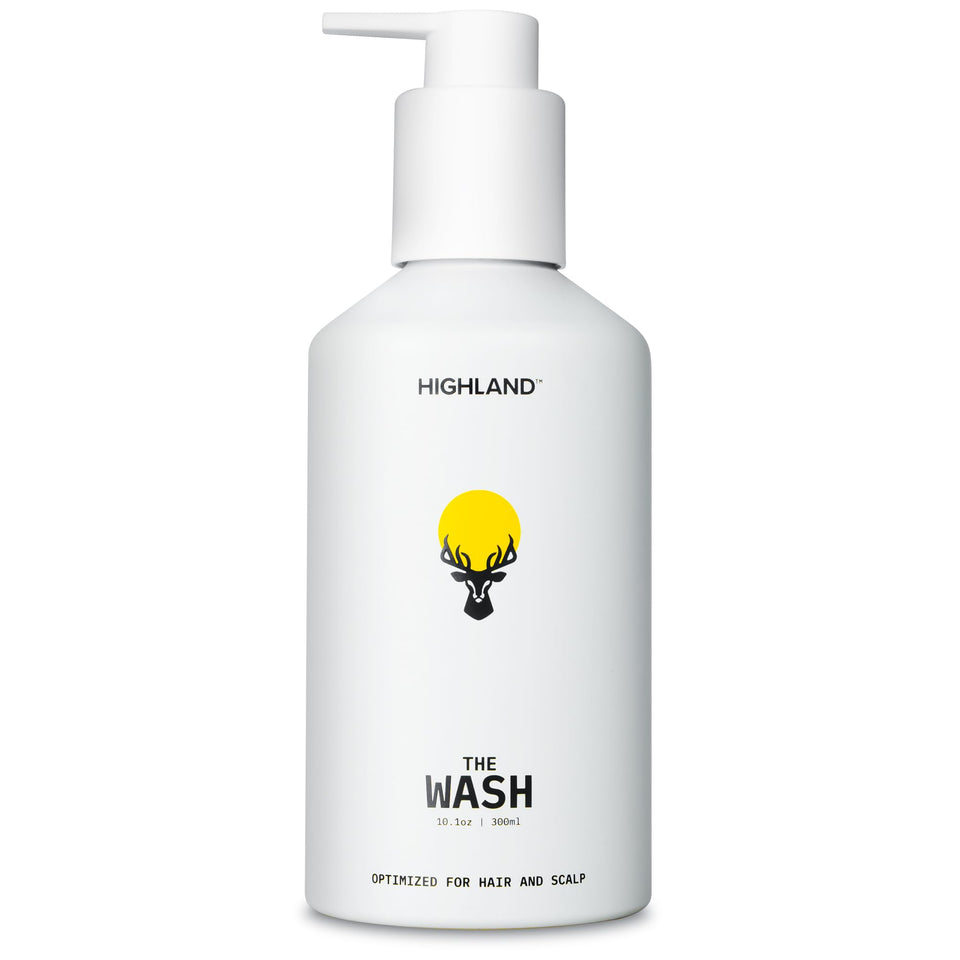 Highland bottle front view showing pump and clear labeling for easy identification
