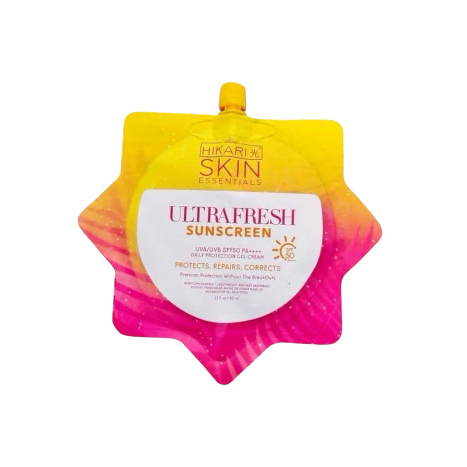 HikariSkin front packaging showing 50ml tube and SPF 50 protection benefit