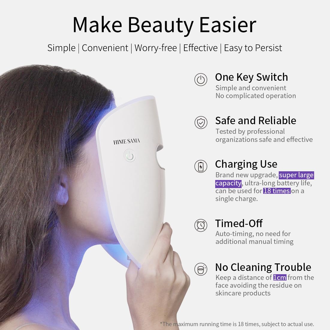 HIME SAMA battery and one-touch controls closeup for long-lasting convenience