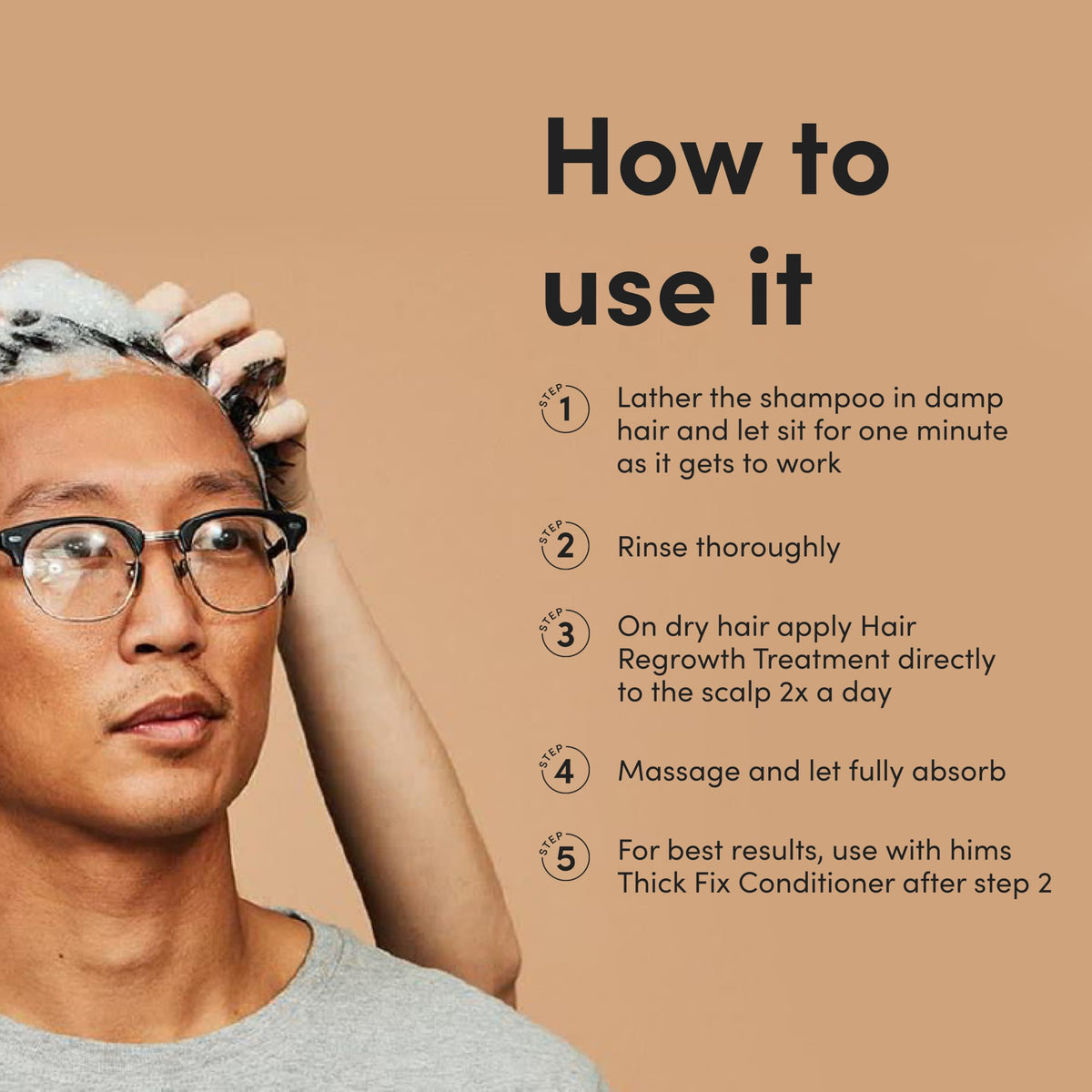 hims conditioner applied to hair ends demonstrating frizz control benefit