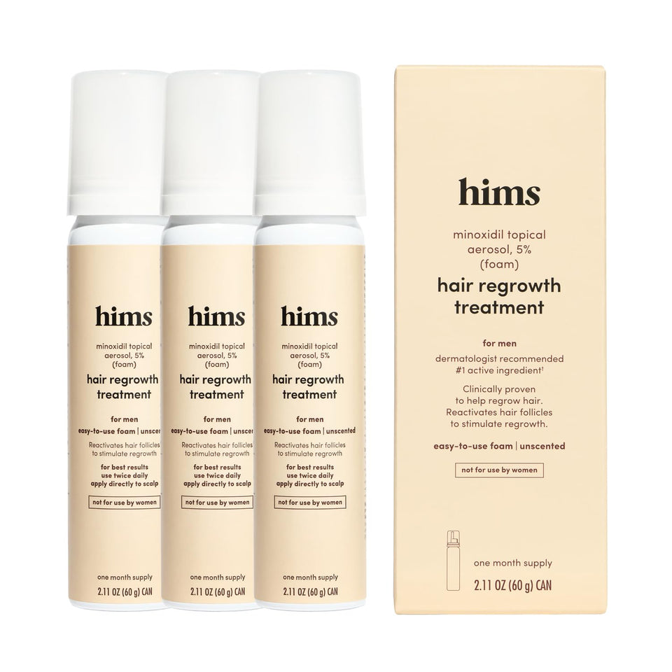 hims front packaging showing minoxidil 5% and clear benefits