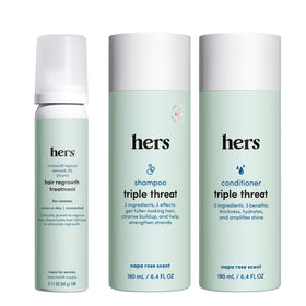 HIMS & HERS front packaging showing the three-product hair routine and benefits