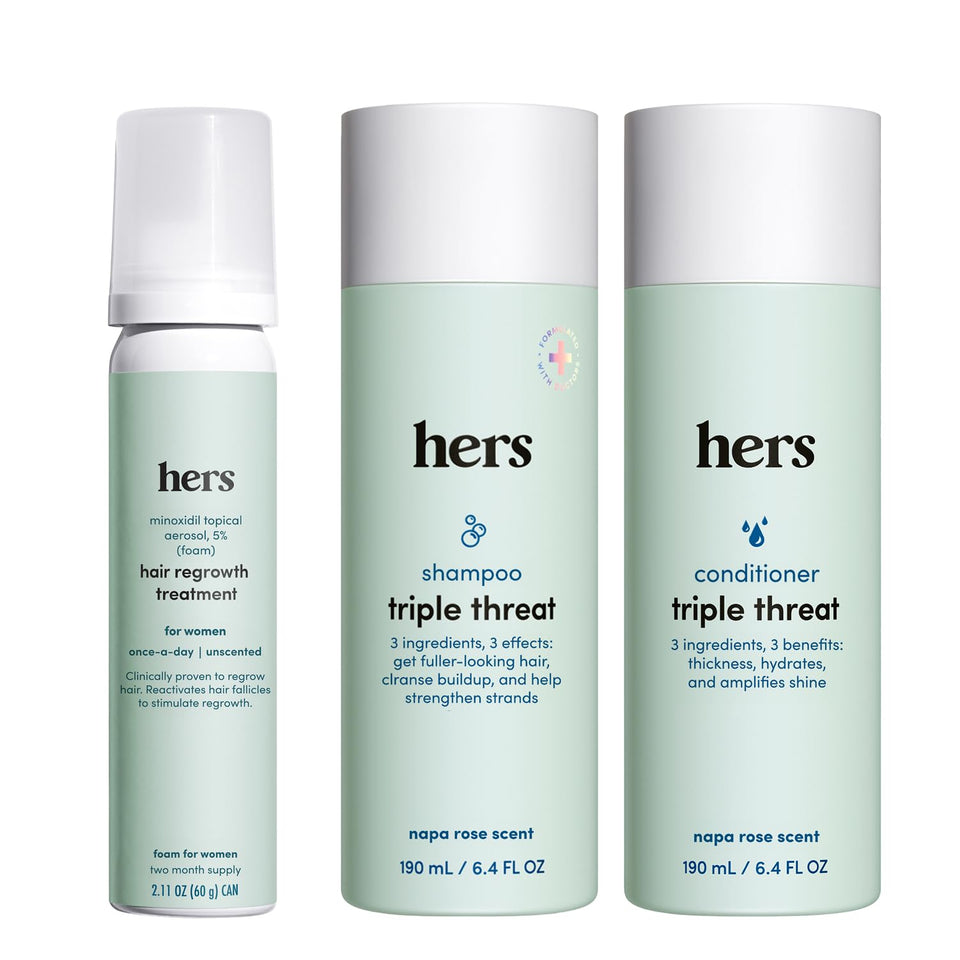 HIMS & HERS front packaging showing the three-product hair routine and benefits