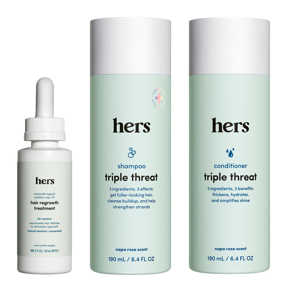HIMS & HERS front packaging showing the three-piece hair kit and benefits