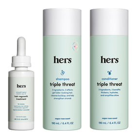 HIMS & HERS front packaging showing the three-piece hair kit and benefits