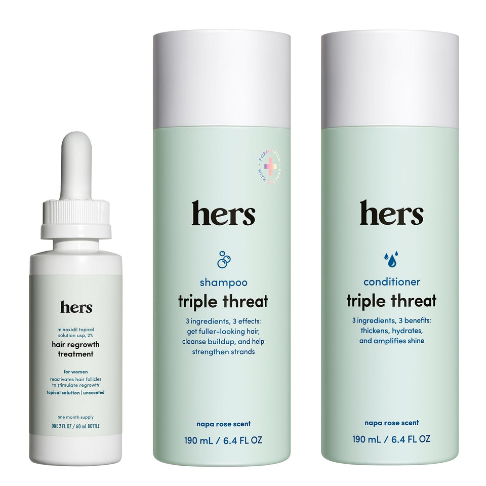 HIMS & HERS front packaging showing the three-piece hair kit and benefits