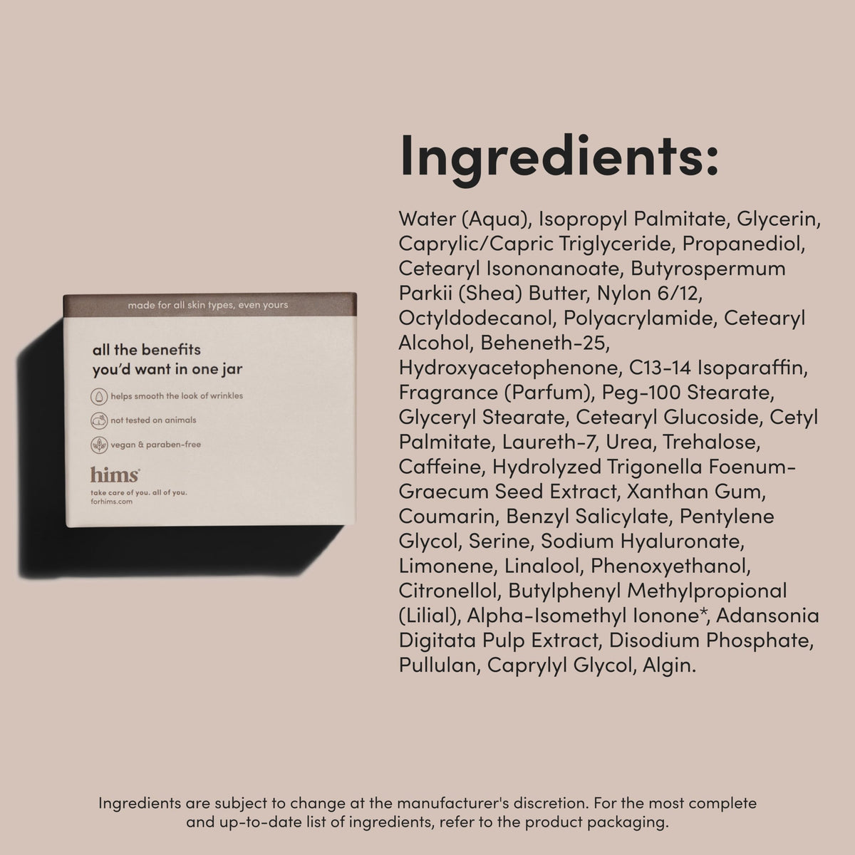 hims ingredient label close-up showing shea butter and panthenol for soothing benefits