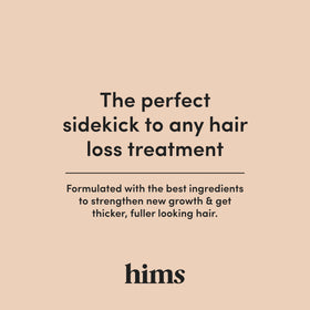 hims ingredients label highlighting Biovolume 128 and biotin for strengthening benefit