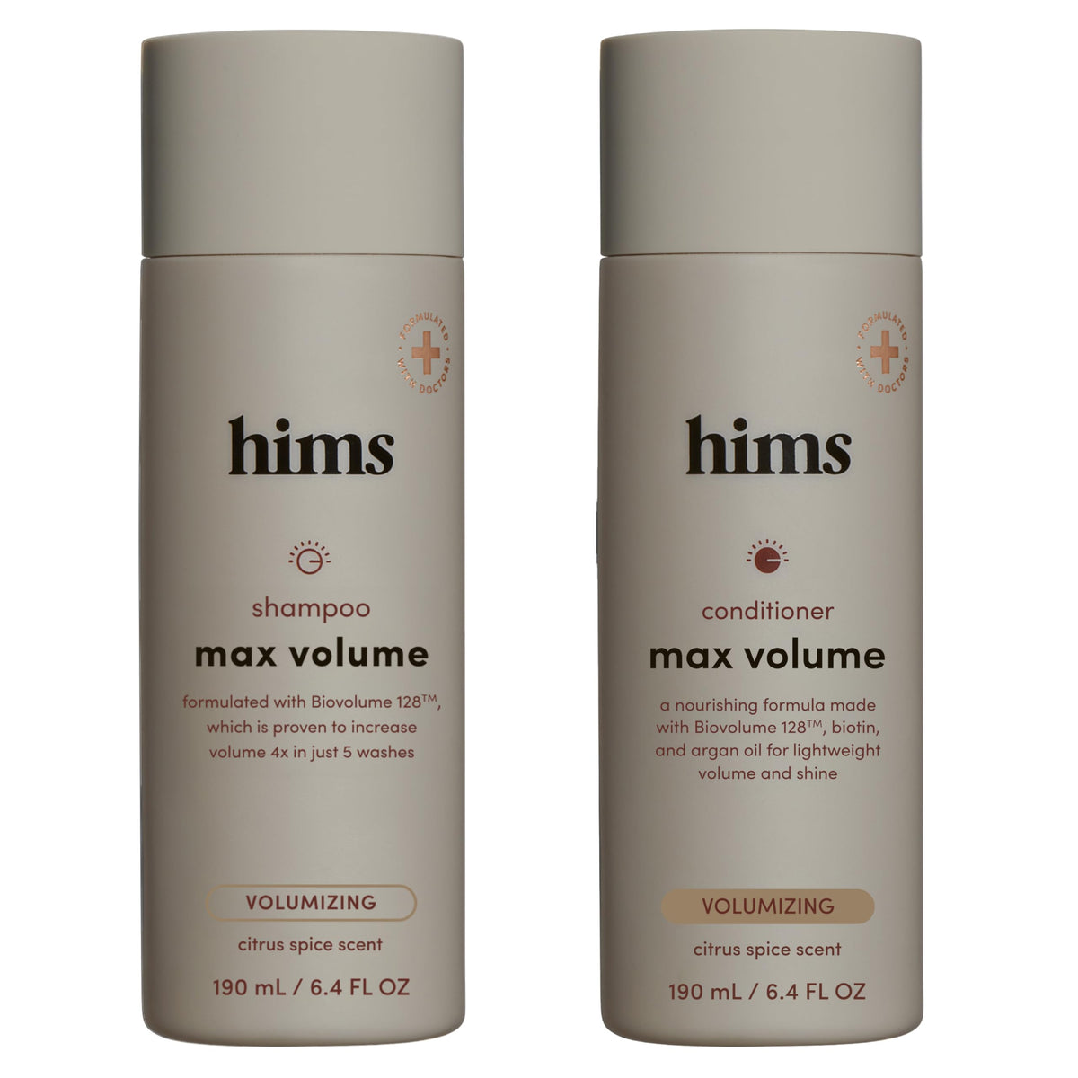 hims Max Volume front packaging showing sleek bottles and scent benefit