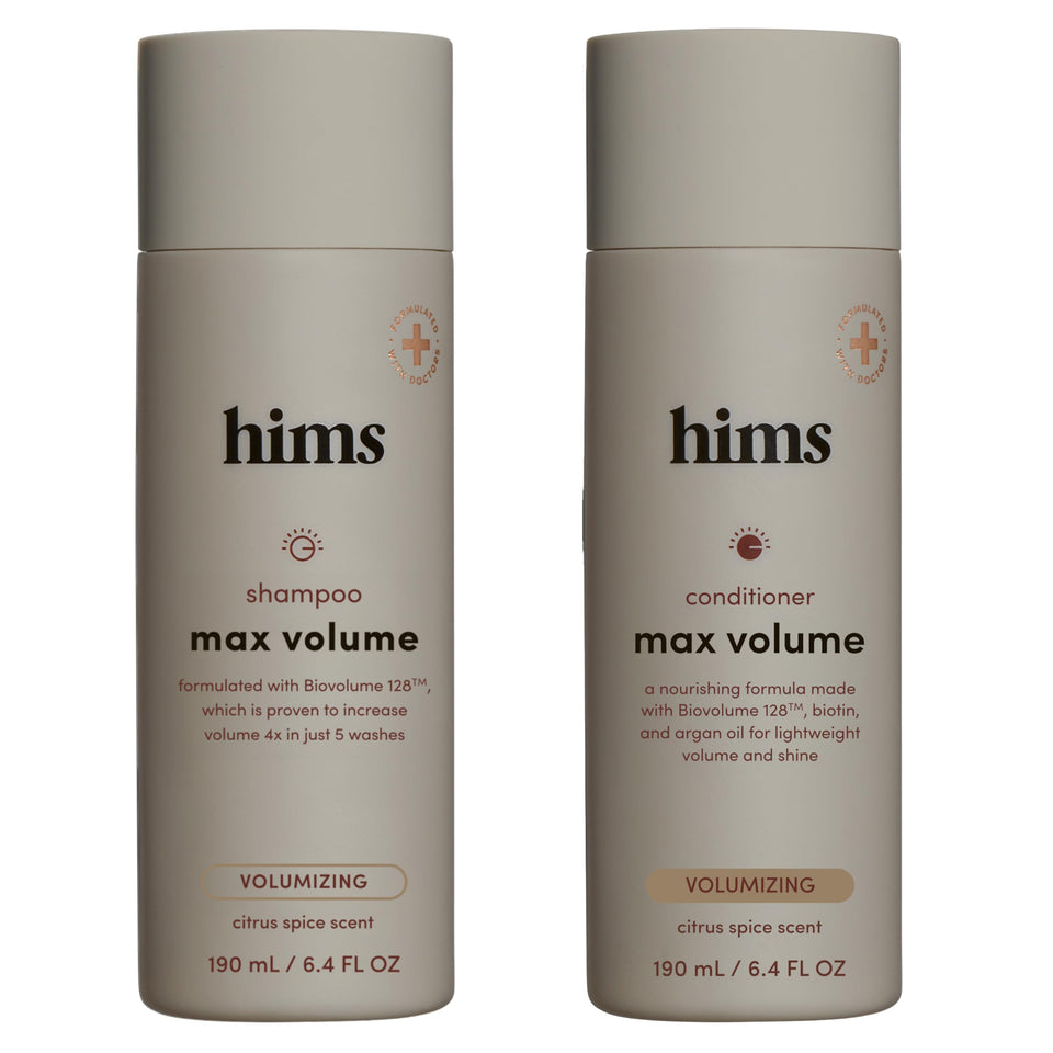 hims Max Volume front packaging showing sleek bottles and scent benefit