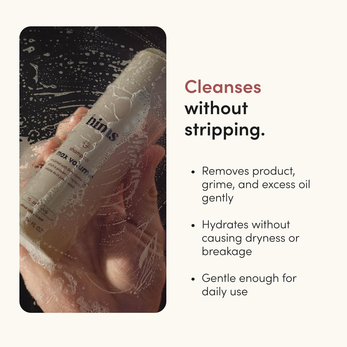 hims shampoo open-cap detail to show easy-squeeze dispensing and controlled product use