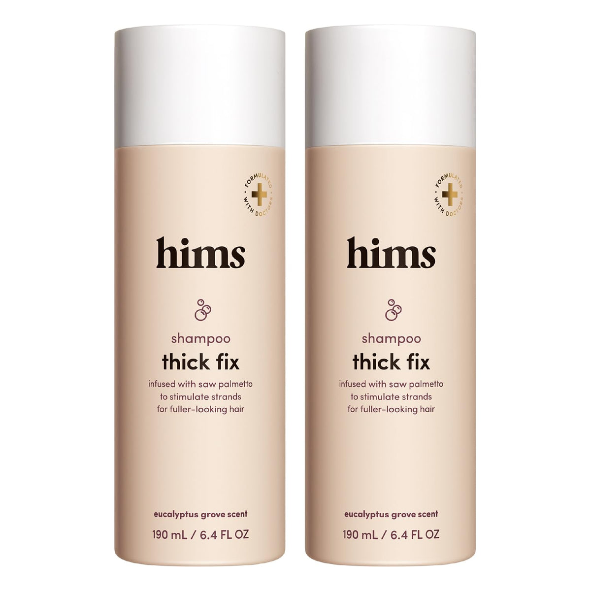 hims bottle front packaging shows product and branding benefit thicker-looking hair