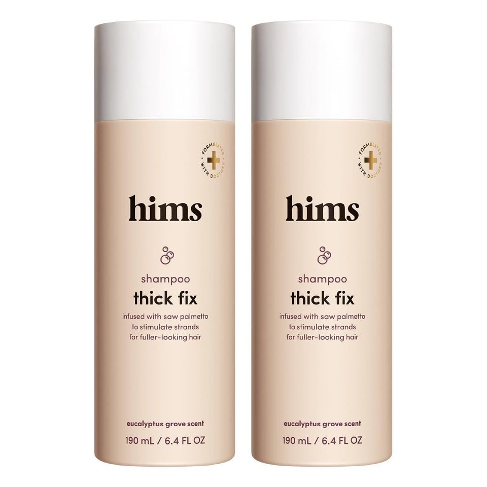 hims bottle front packaging shows product and branding benefit thicker-looking hair