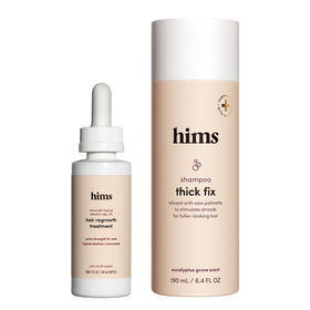 hims front packaging showing the Thick Fix set and benefits