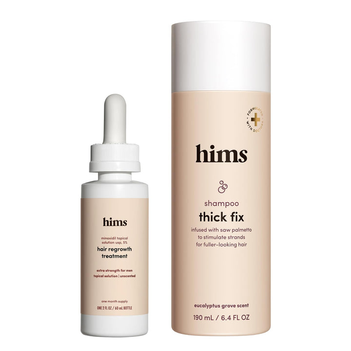 hims front packaging showing the Thick Fix set and benefits