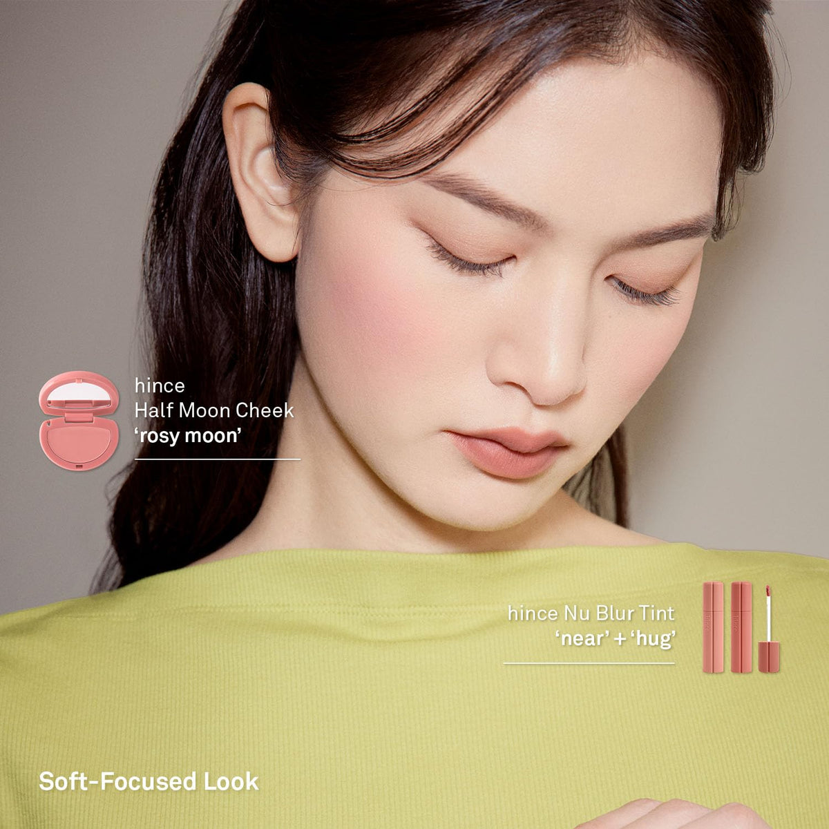 HINCE model wearing ALLURE MOON showing natural dewy cheek glow
