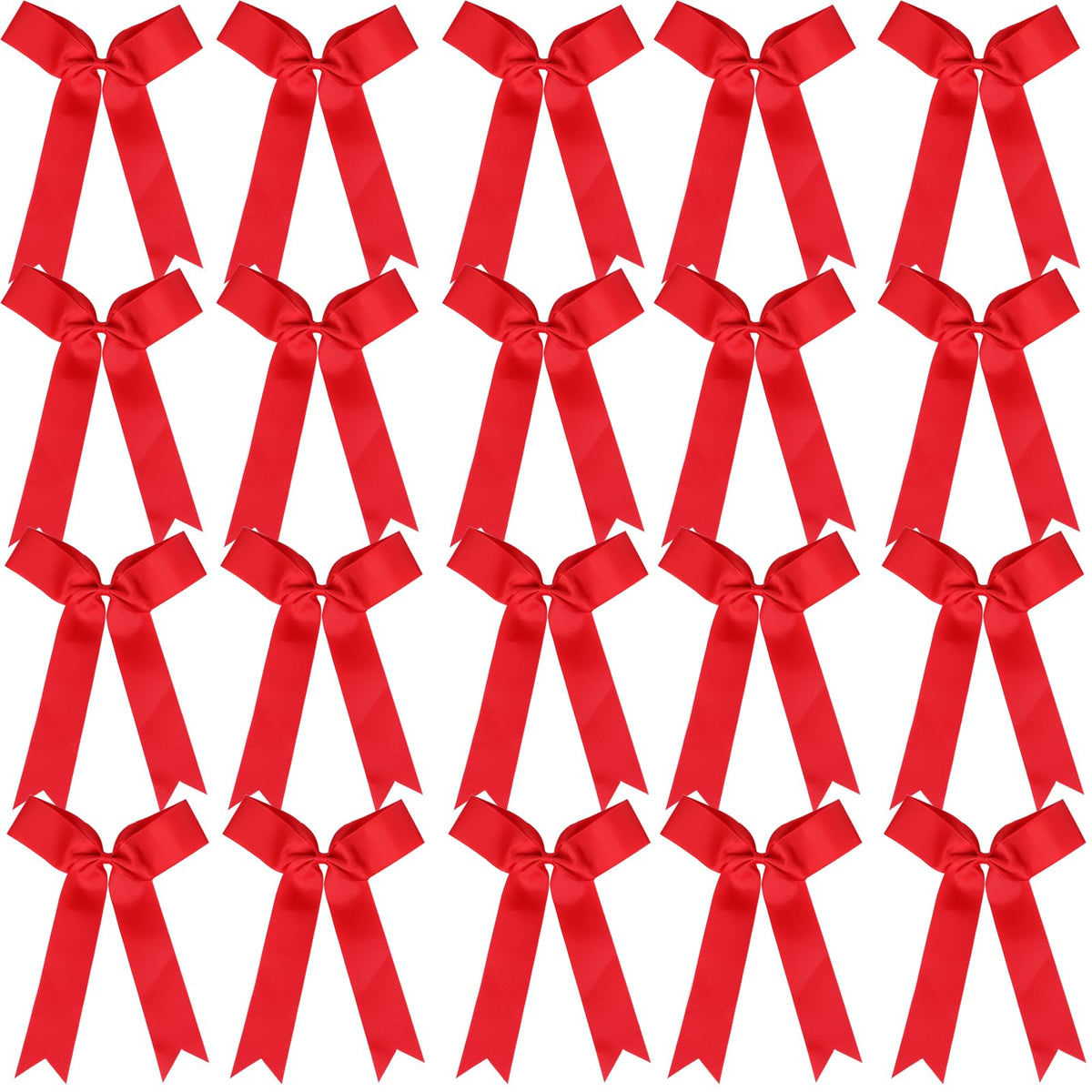 Hipcheer front packaging showing twenty red collegiate cheer bows, ready for team use